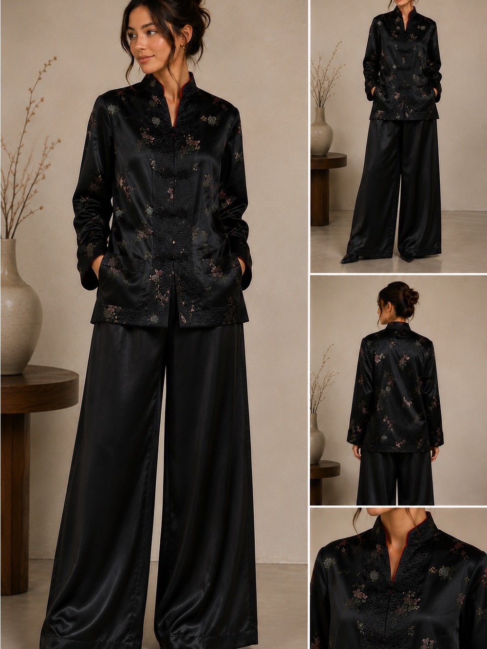 Women’s Black Satin Floral Embroidered Mandarin Collar Blazer